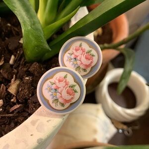 Vintage Porcelain Rose Button Earrings